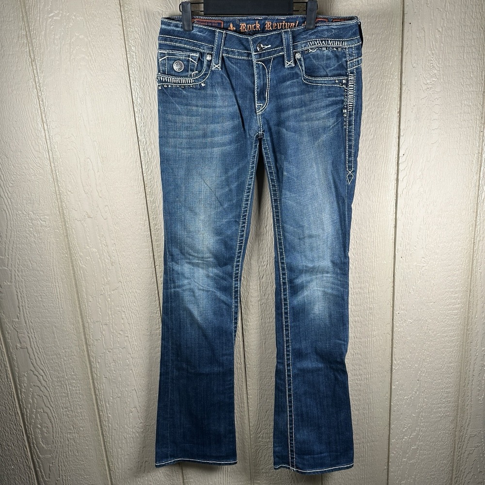 Rock Revival Jen Boot Cut Jeans Womens 31 Stretch Denim Blue Studded Flap Pocket